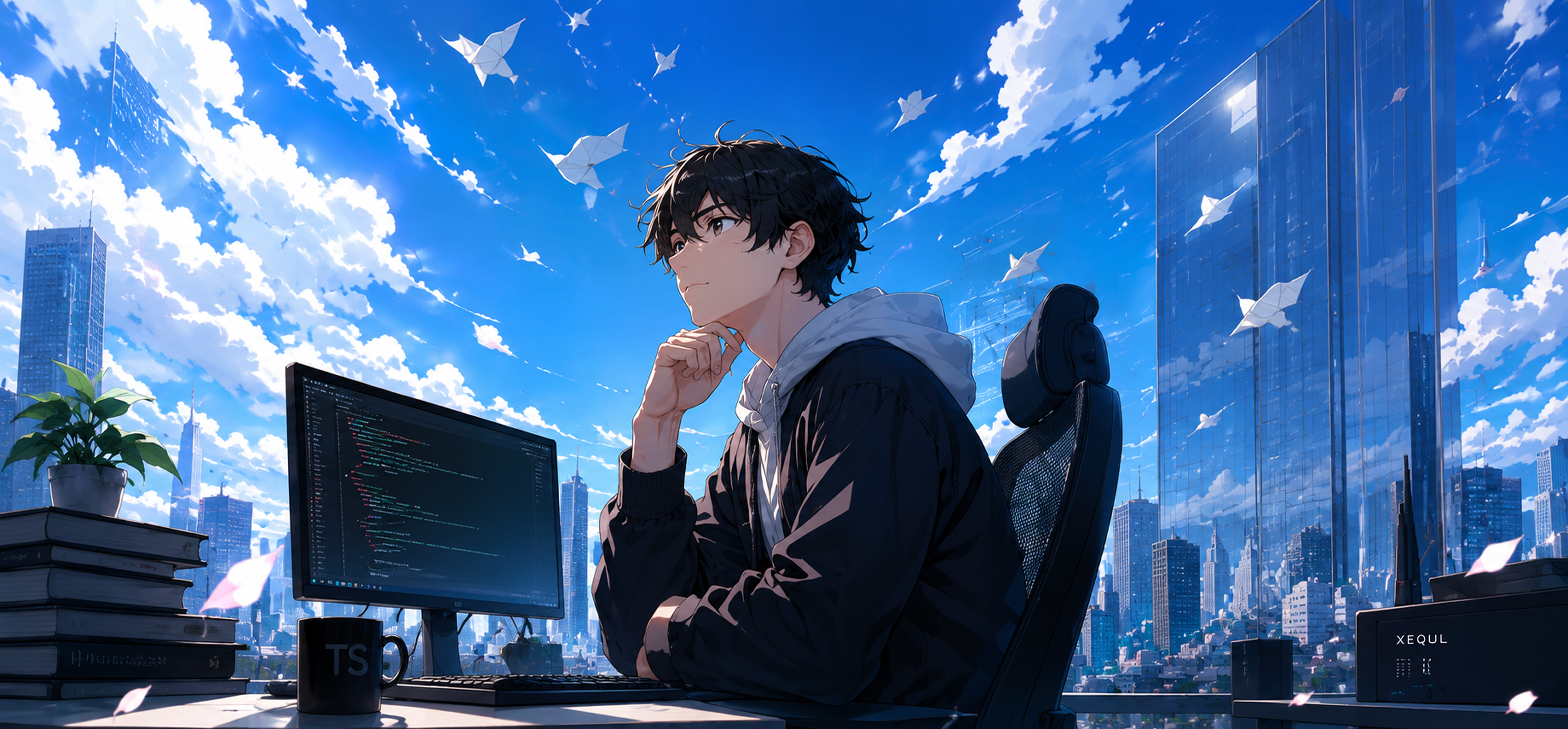 Tanaka Shunya at his desk, looking up at a paper-plane-filled sky