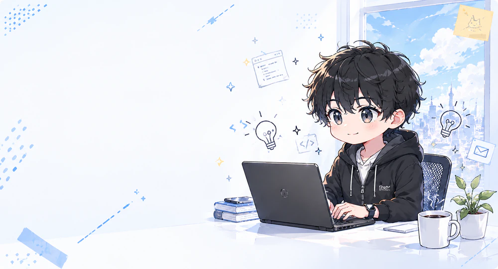 tanashun — chibi character at his laptop